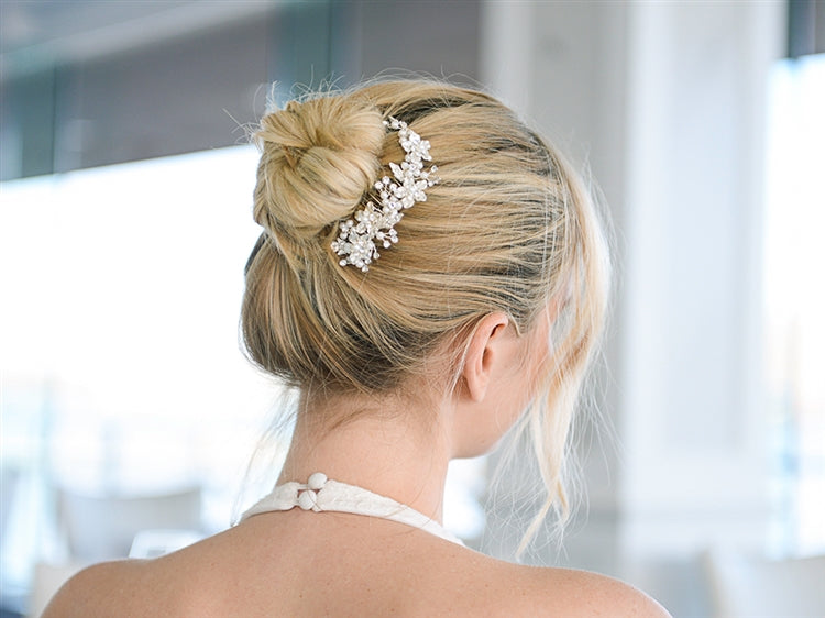 Brushed Silver and White Pearl Wedding Comb