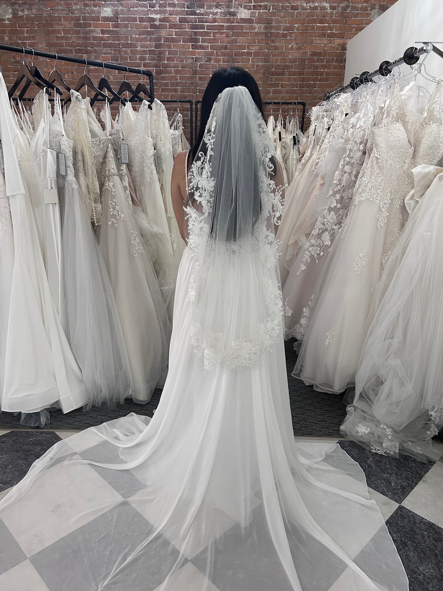 F028 Lace Trim Veil Fingertip Length by Aria Bride