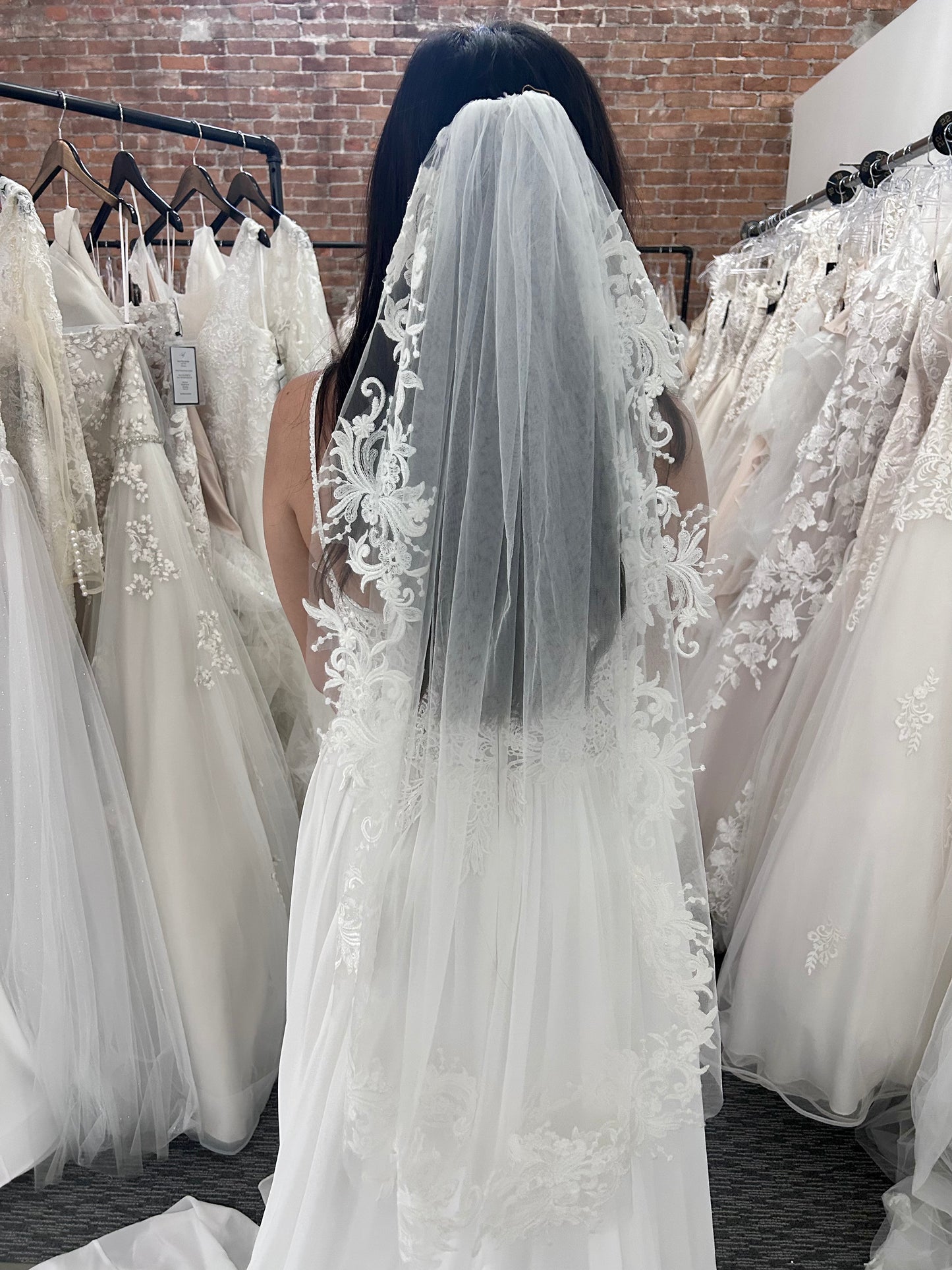 F028 Lace Trim Veil Fingertip Length by Aria Bride