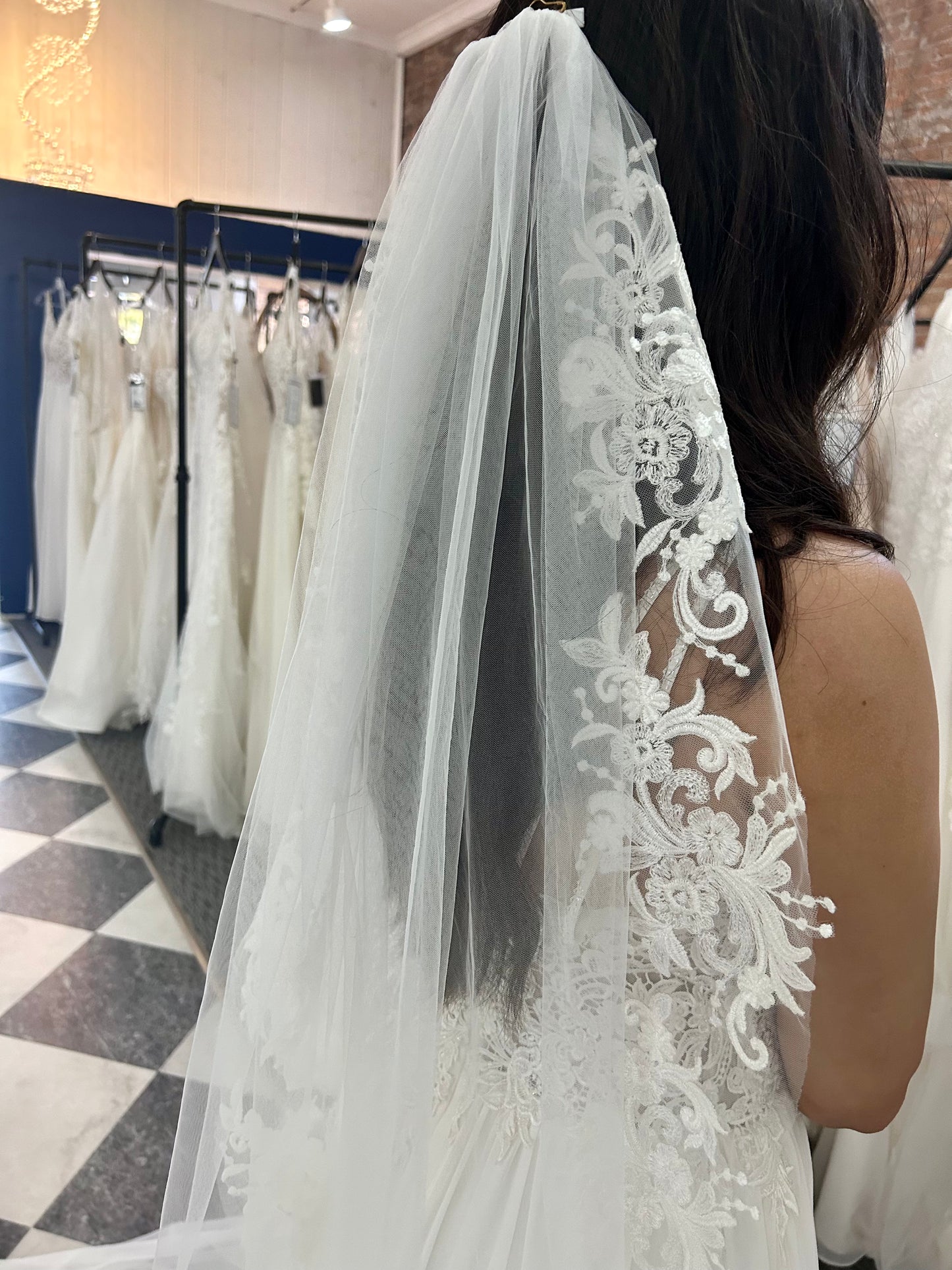 F028 Lace Trim Veil Fingertip Length by Aria Bride