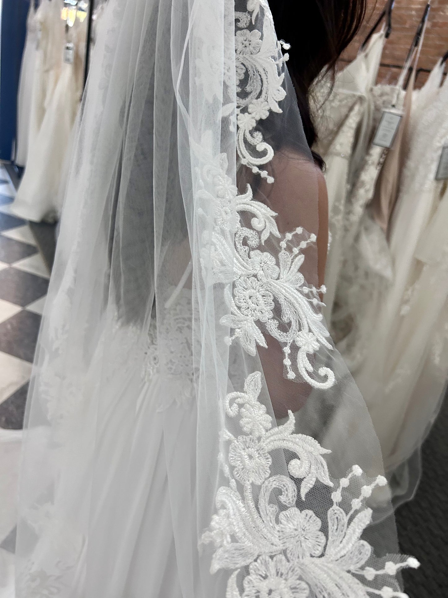 F028 Lace Trim Veil Fingertip Length by Aria Bride