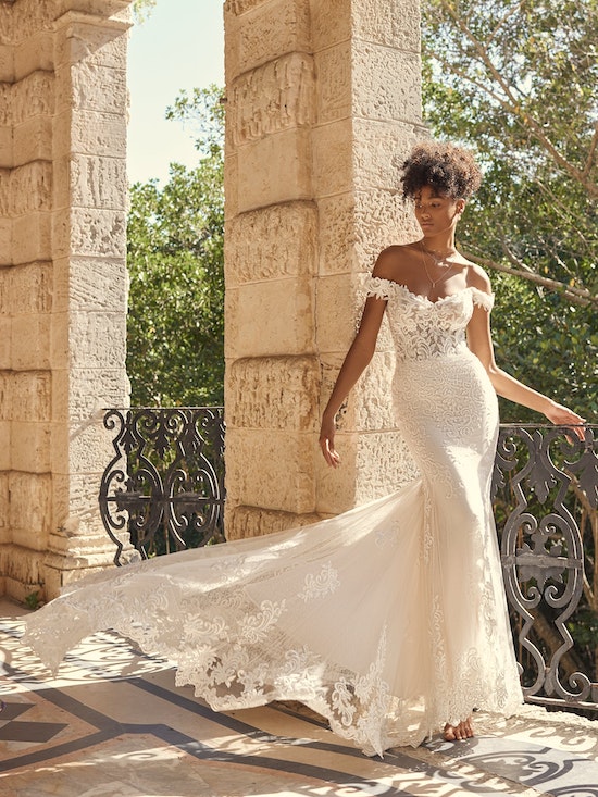 "Edison" Off Shoulder Lace Sheer Bodice Wedding Dress by Maggie Sottero