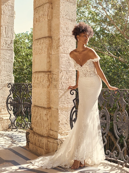 "Edison" Off Shoulder Lace Sheer Bodice Wedding Dress by Maggie Sottero