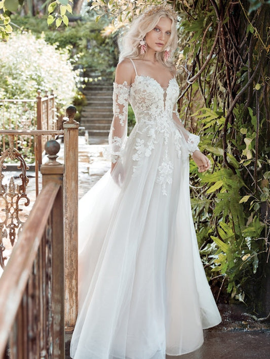 "Stevie" Cold Shoulder Bishop Sleeve Wedding Dress by Maggie Sottero