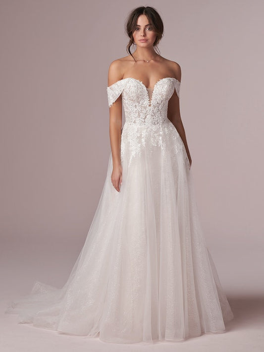 "Mavis" Off-the-Shoulder Tulle Sparkle Princess Wedding Dress by Rebecca Ingram Discontinued.
