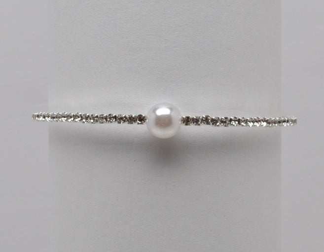 Cubic Zirconium Single Pearl Silver Crystal Bracelet