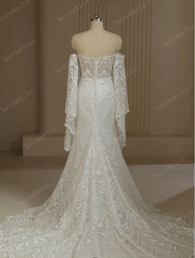 Boho Lace Wedding Dress With Detachable Sleeves