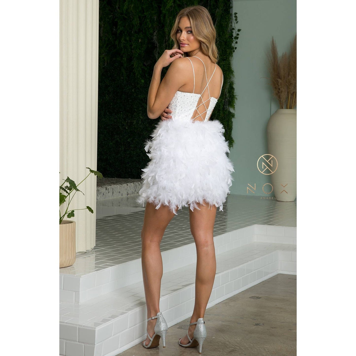Sequin Bodice Everyday Dress with Feather Skirt R757W