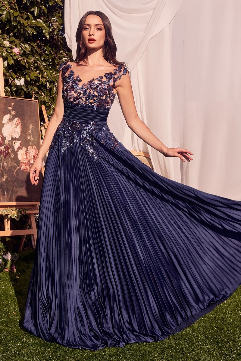 A1355 PLEATED SATIN & EMBELLISHED A-LINE GOWN
