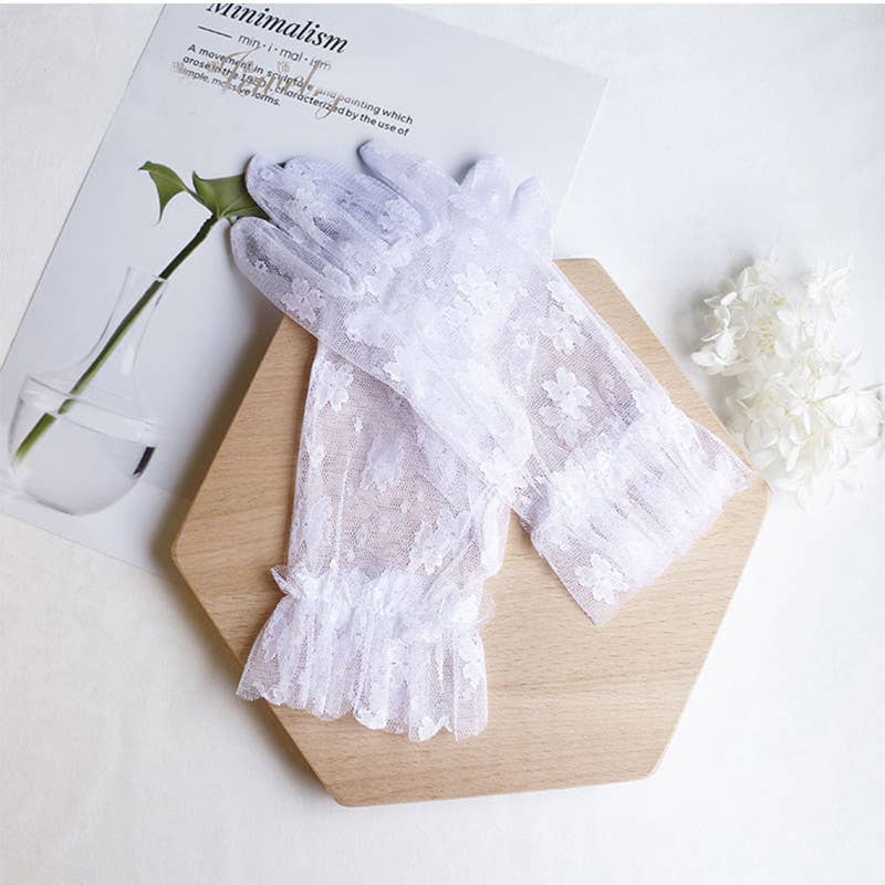 Nylon Gloves with Ruffles for Bridal, Formal Occasion: Ivory