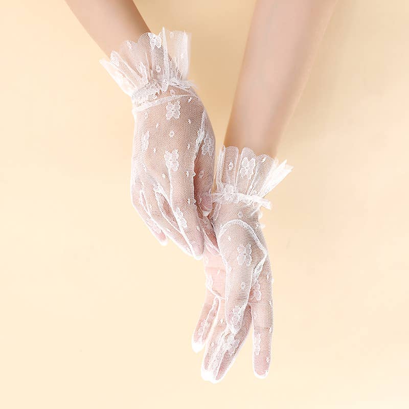 Nylon Gloves with Ruffles for Bridal, Formal Occasion: Ivory