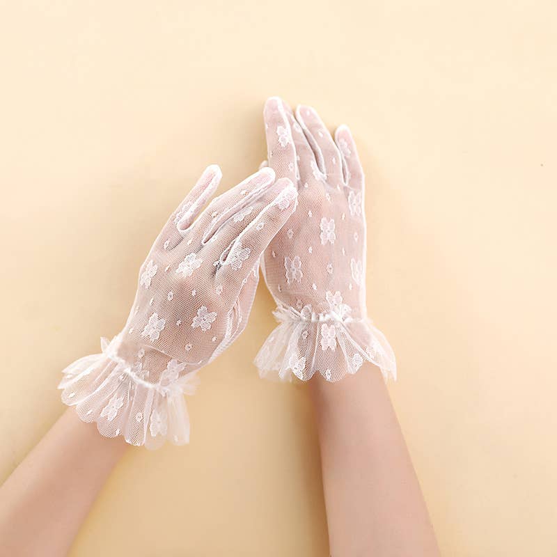 Nylon Gloves with Ruffles for Bridal, Formal Occasion: Ivory