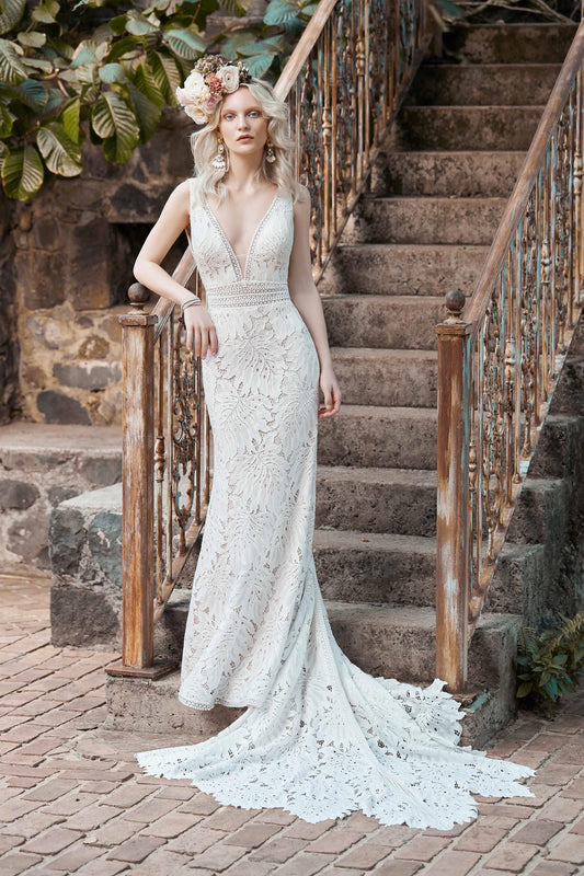 "Burke" Deep V Lace Boho Wedding Dress by Maggie Sottero