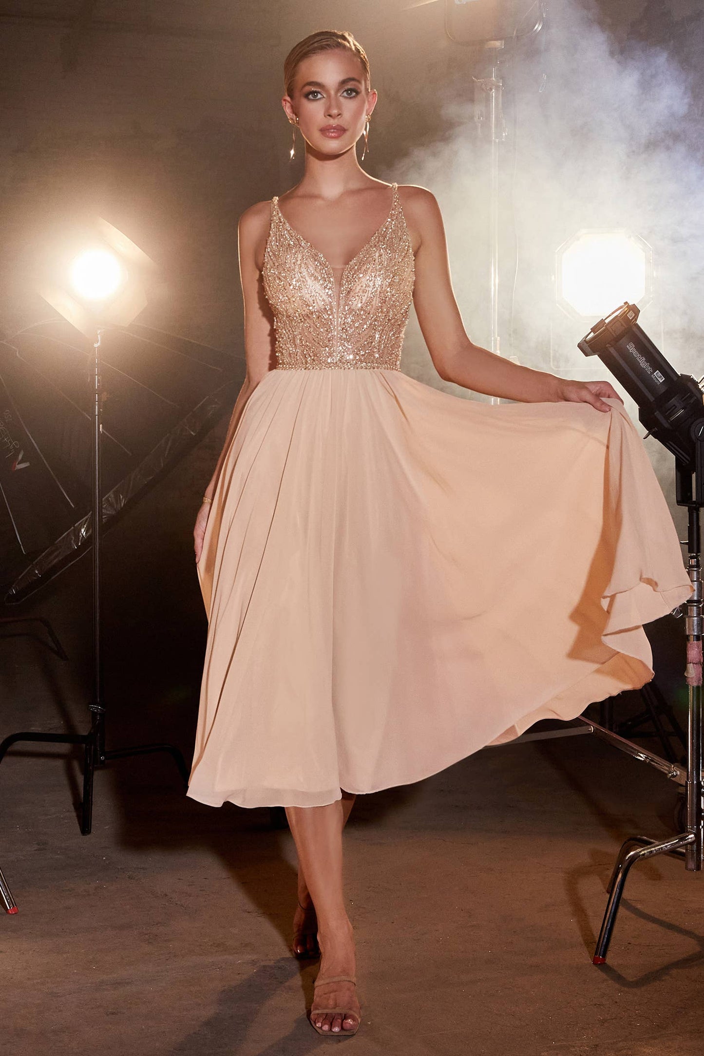 CHIFFON A-LINE TEA LENGTH DRESS