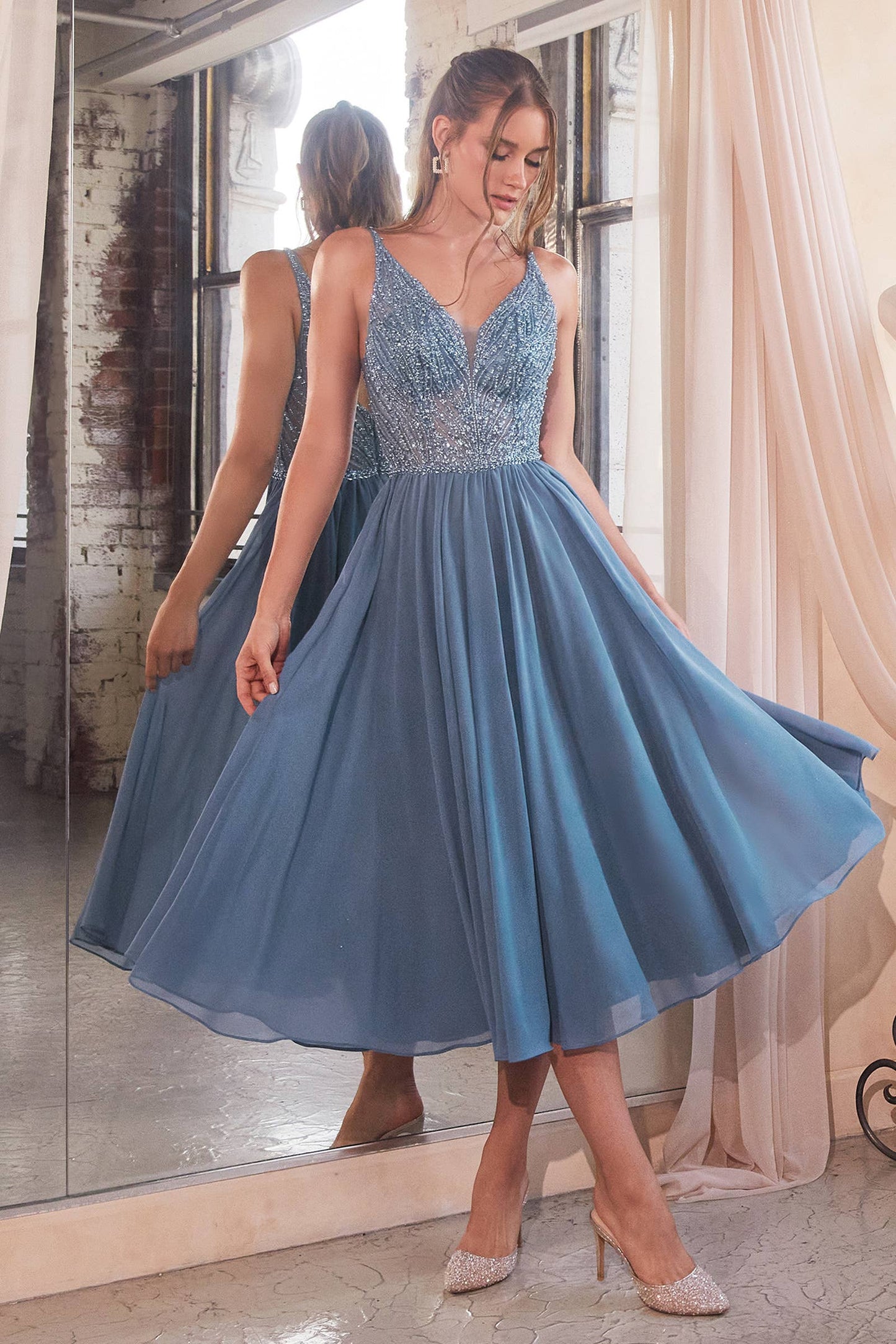 CHIFFON A-LINE TEA LENGTH DRESS