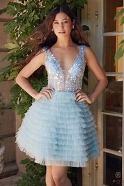 Sequin Plunged Neckline Tiered Ruffle Short Dress Homecoming
