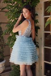 Sequin Plunged Neckline Tiered Ruffle Short Dress Homecoming