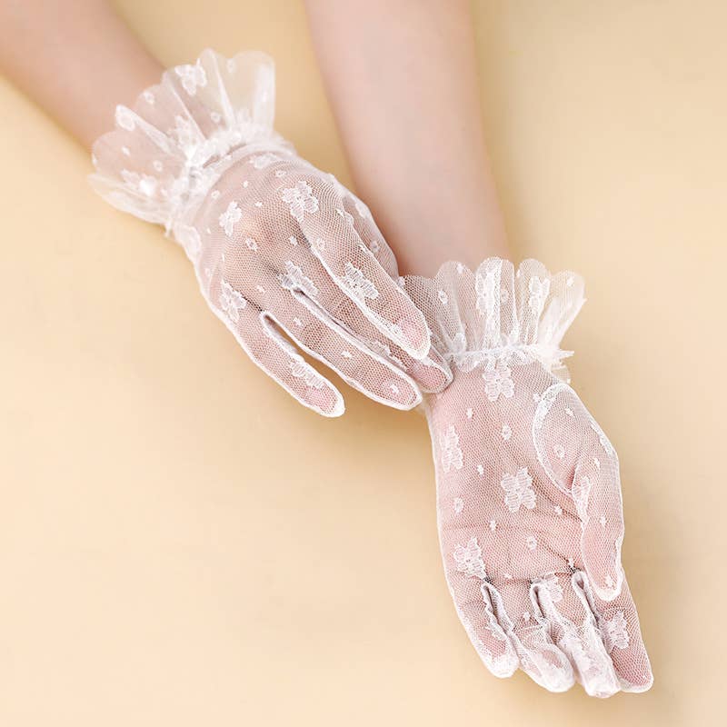 Nylon Gloves with Ruffles for Bridal, Formal Occasion: Ivory