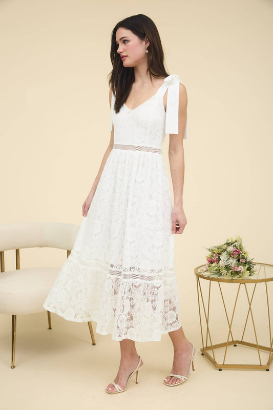 LACE TIE STRAP SHEER TRIM SLEEVELESS MIDI DRESS