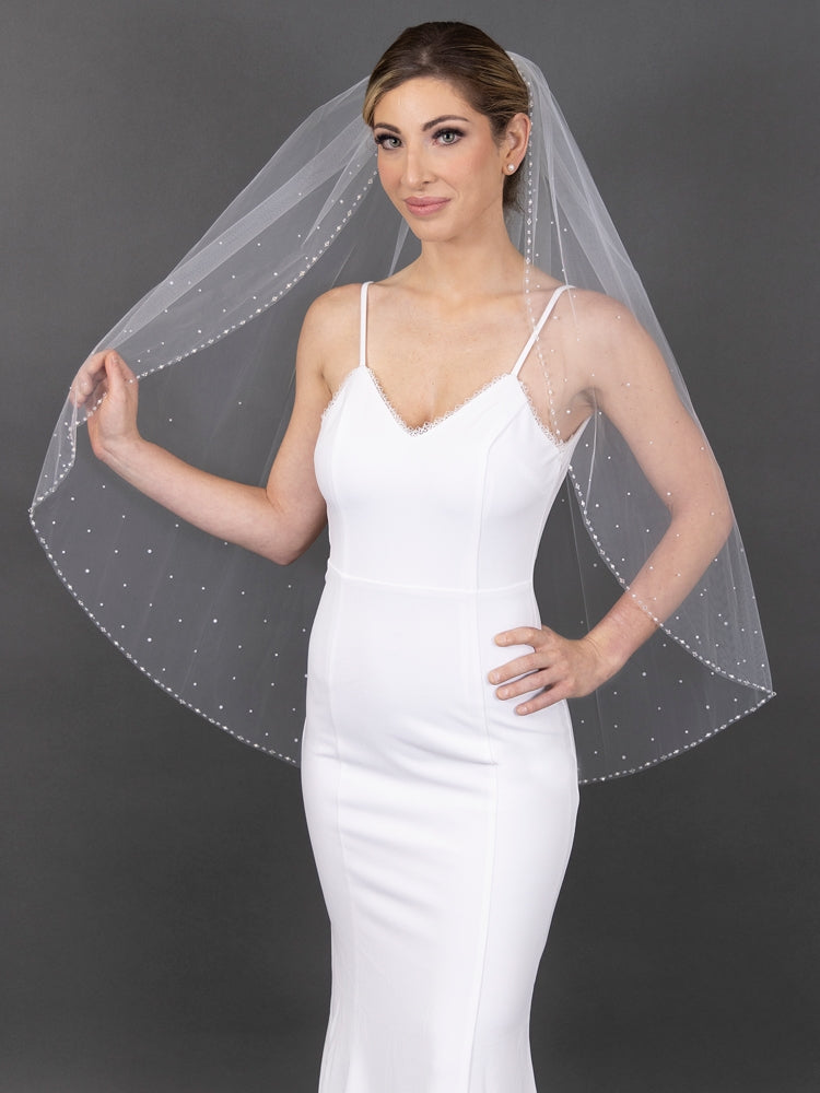 4679V Fingertip Length Beaded Bridal Veil with Bicon Crystal & Pearl Edge & Scattered Pearls