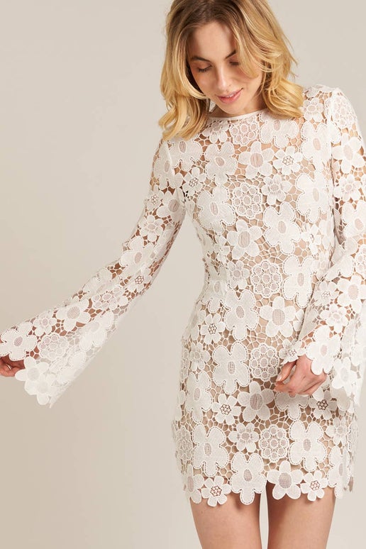 Floral Lace Bell Sleeve Mini Dress: White Nude