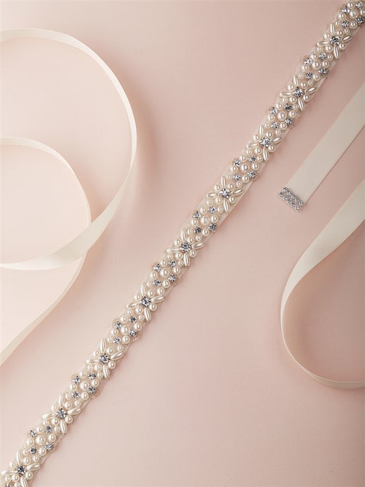4614BT-I-S Ivory Pearl and Austrian Crystal Bridal Belt with Ribbon