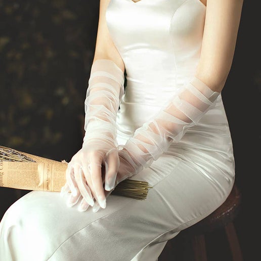 Long Tulle Nylon Sheer Wedding Gloves, White or Black: White