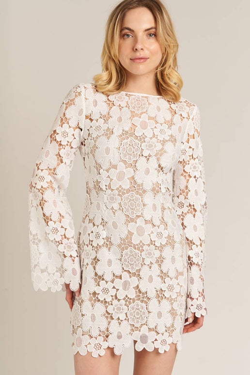 Floral Lace Bell Sleeve Mini Dress: White Nude Large Floral Lace Bell Sleeve Mini Dress: White Nude Large