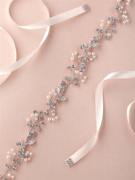 4663 Boho Pearls & Crystal Leaves Hand Wired Floral Vine Bridal Belt on Ivory Ribbon