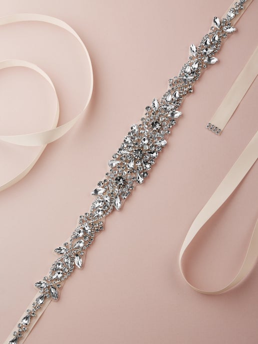 4609 Stunning Silver Bridal Belt with Extra Long 21.5" Crystal Rhinestone Motif - Ivory Ribbon