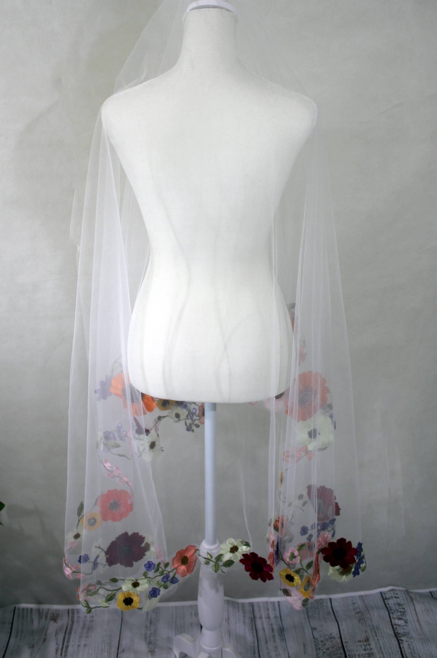 Wildflower 3D Lace Wedding Veil: Cinderella Blue, Fingertip Length