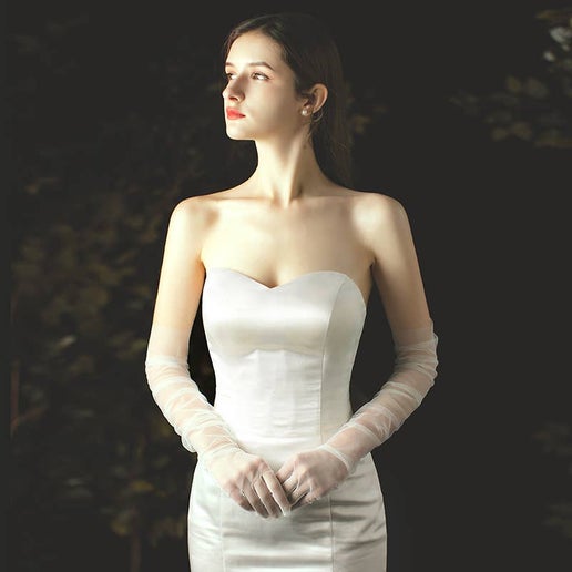 Long Tulle Nylon Sheer Wedding Gloves, White or Black: White