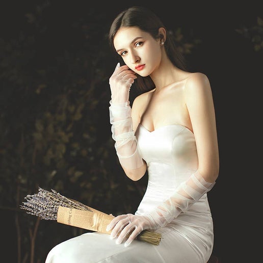 Long Tulle Nylon Sheer Wedding Gloves, White or Black: White