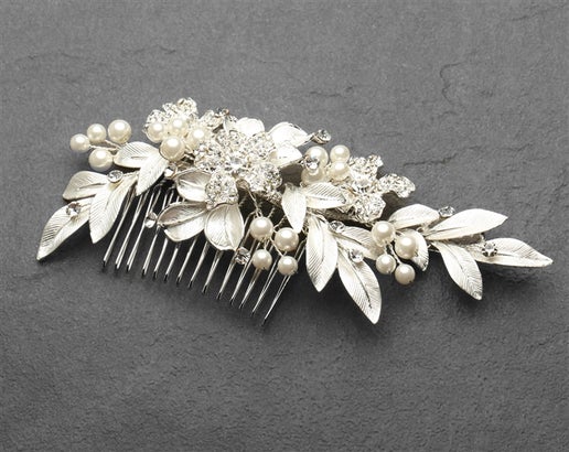 4437HC-I-S Couture Bridal Hair Comb for Weddings with Hand Painted Leaves and Pave Crystals