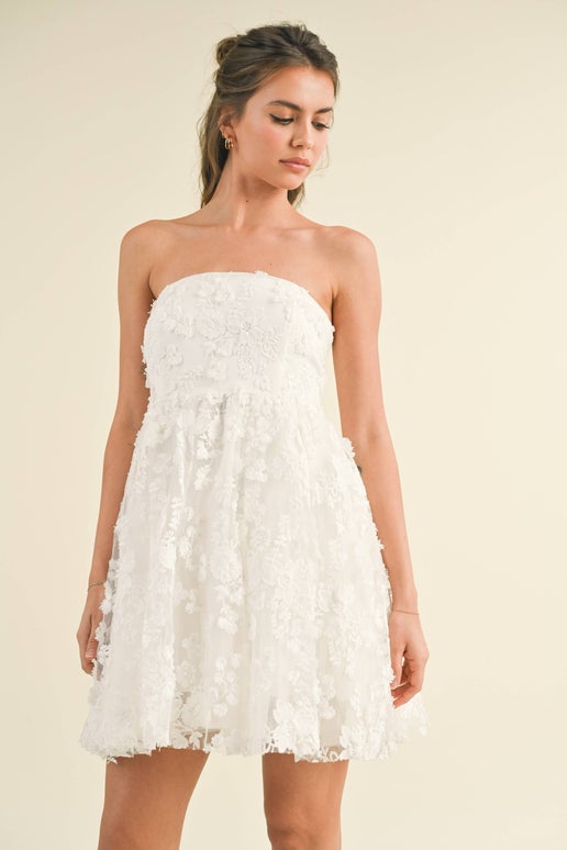 Textured Floral Fabric A-Line Tube Dress in Ivory