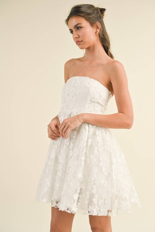 Textured Floral Fabric A-Line Tube Dress in Ivory