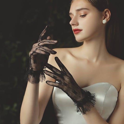 Nylon Gloves with Ruffles for Bridal, Formal Occasion: Ivory