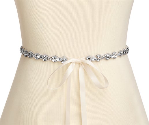 4659Extra Long 24" Narrow Bridal Belt with Clear Marquis Crystal Applique on Ivory Ribbon