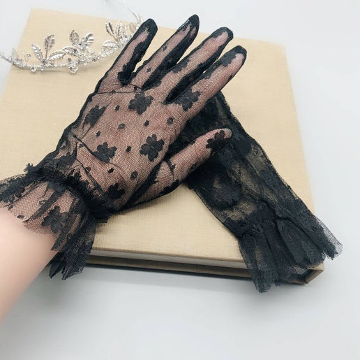 Nylon Gloves with Ruffles for Bridal, Formal Occasion: Ivory
