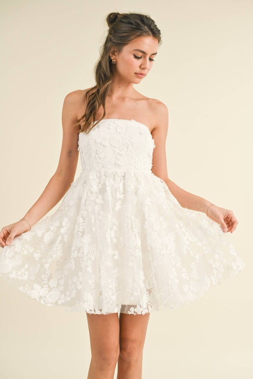 Textured Floral Fabric A-Line Tube Dress in Ivory