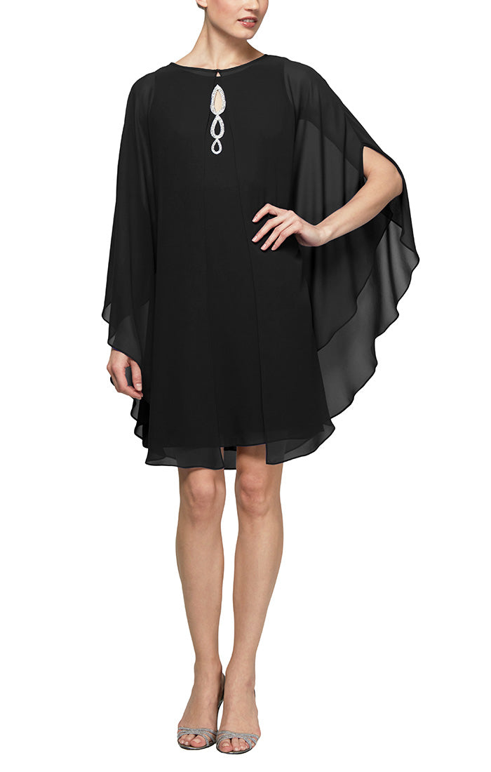 CHIFFON COCKTAIL DRESS WITH BEADED NECK AND CAPELET