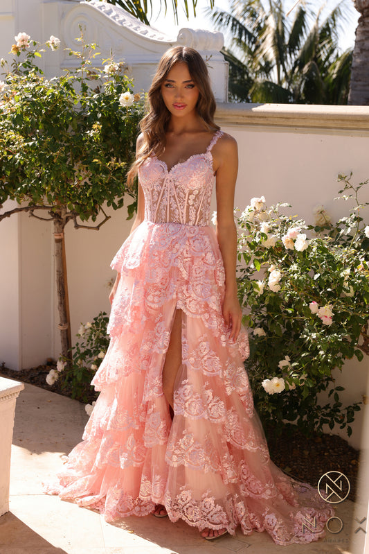 Off Shoulder Lace Detail Tiered Long Dress