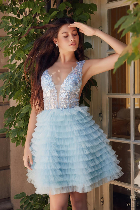 Sequin Plunged Neckline Tiered Ruffle Short Dress Homecoming