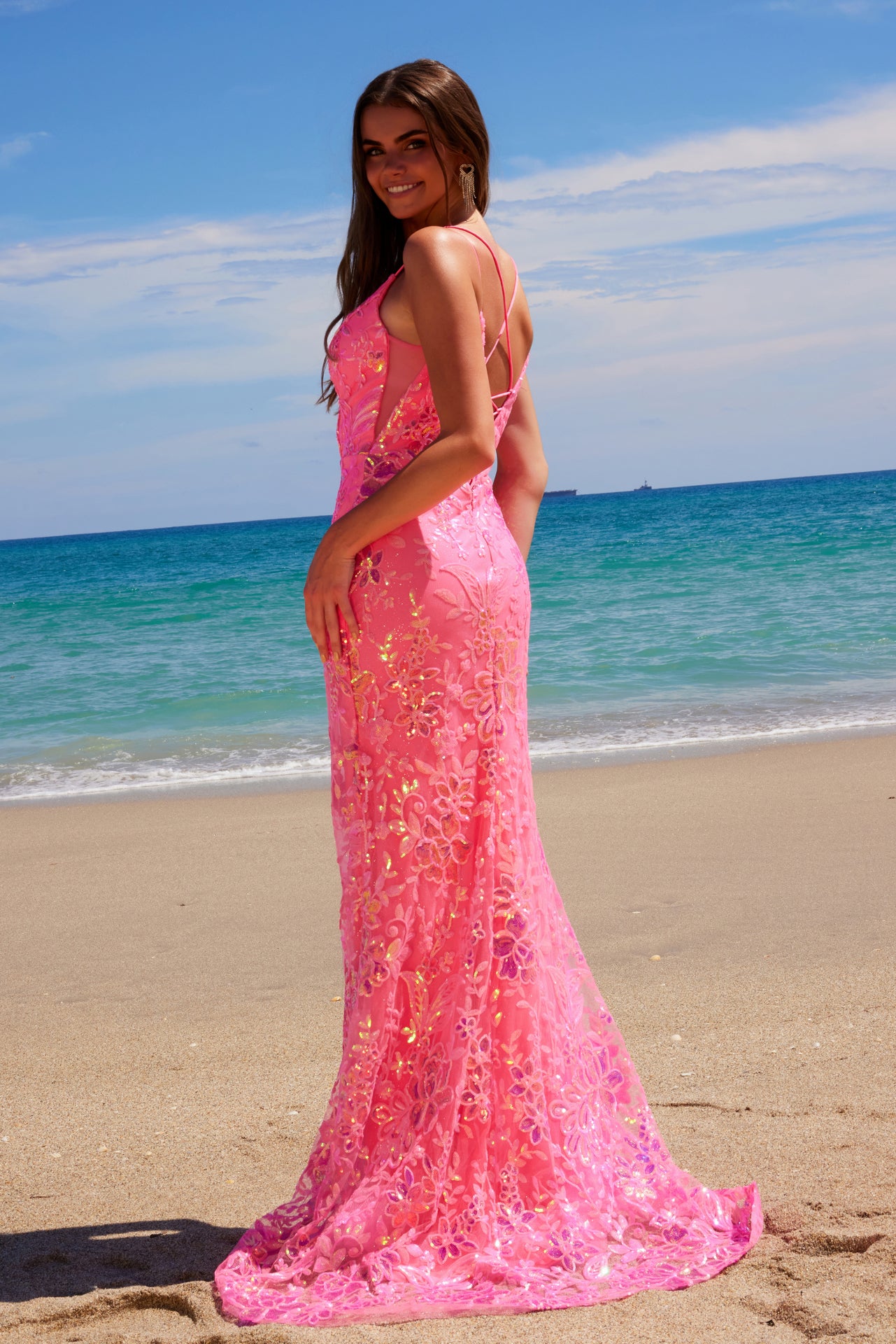 A1587 Deep V-Neck Floral Sequined Tulle Dress