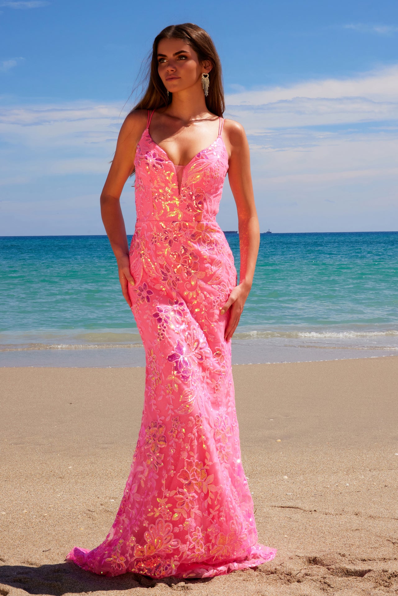 A1587 Deep V-Neck Floral Sequined Tulle Dress