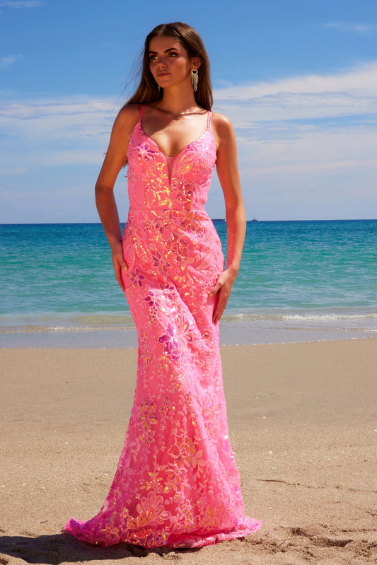 A1587 Deep V-Neck Floral Sequined Tulle Dress