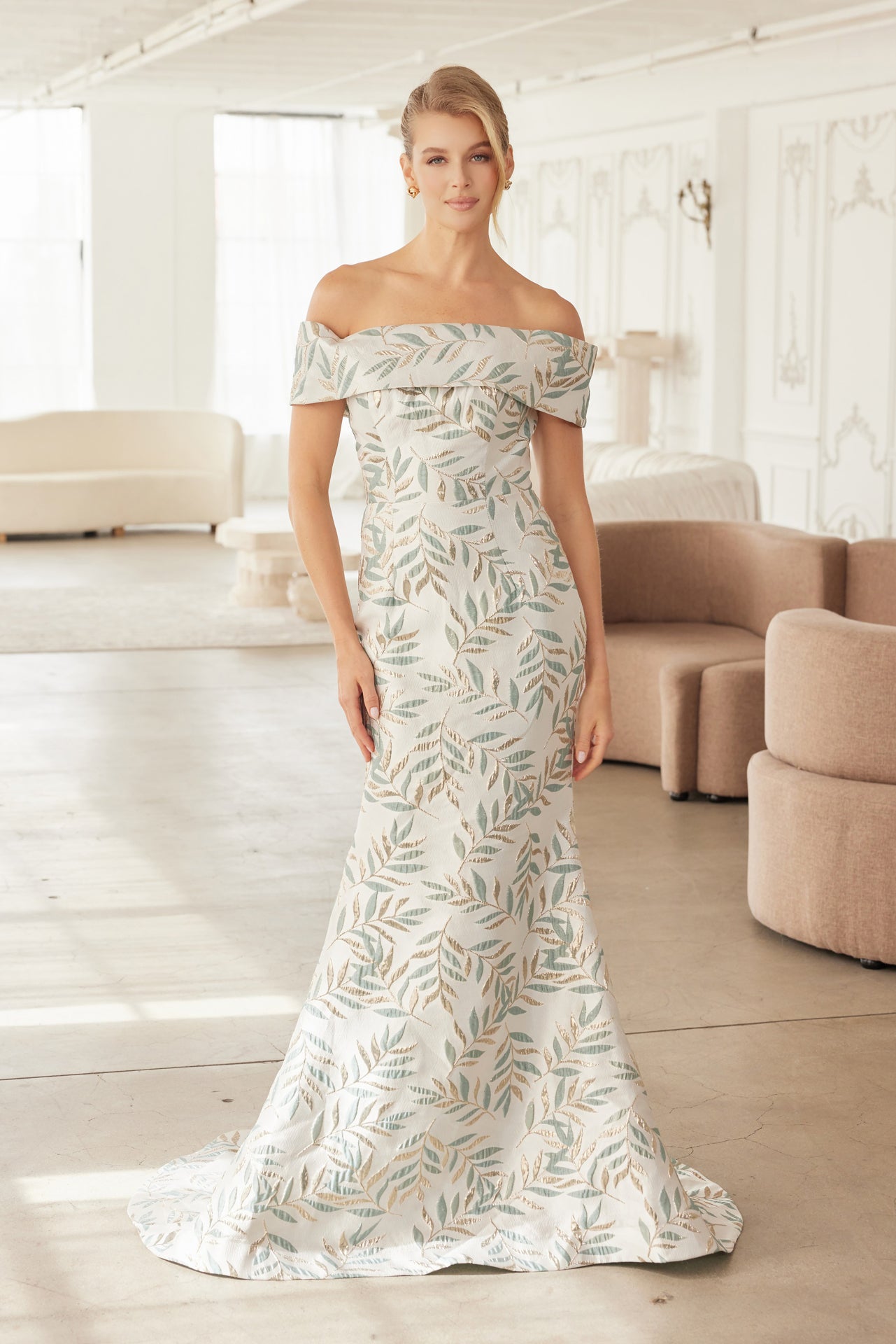 Off-Shoulder Jacquard Mother of the Bride Dress