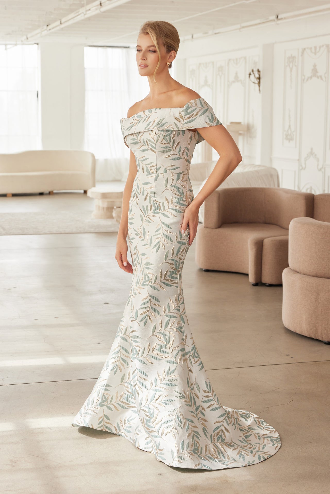 Off-Shoulder Jacquard Mother of the Bride Dress
