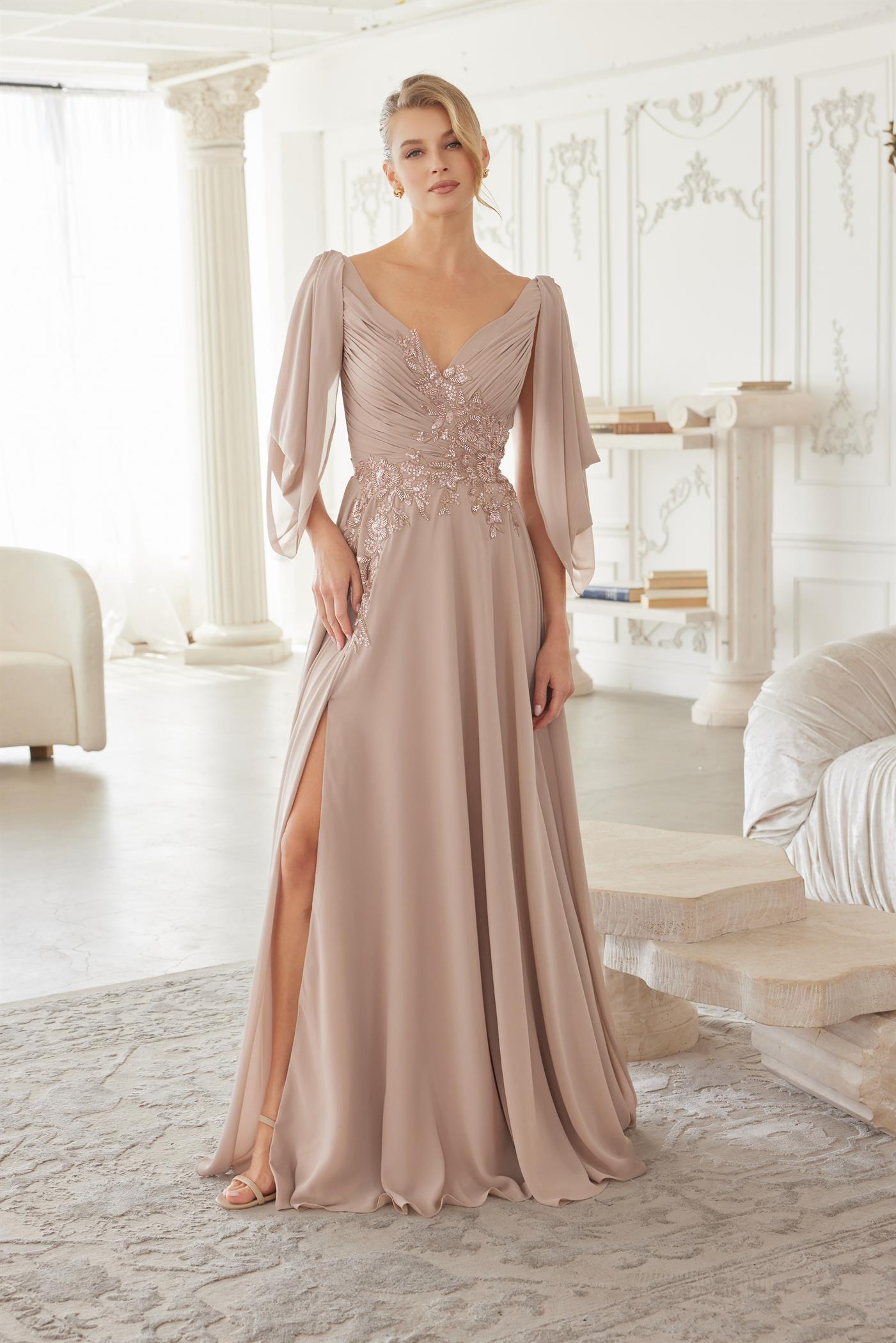 V Neckline Long Sleeves Chiffon Asymmetrical Dress