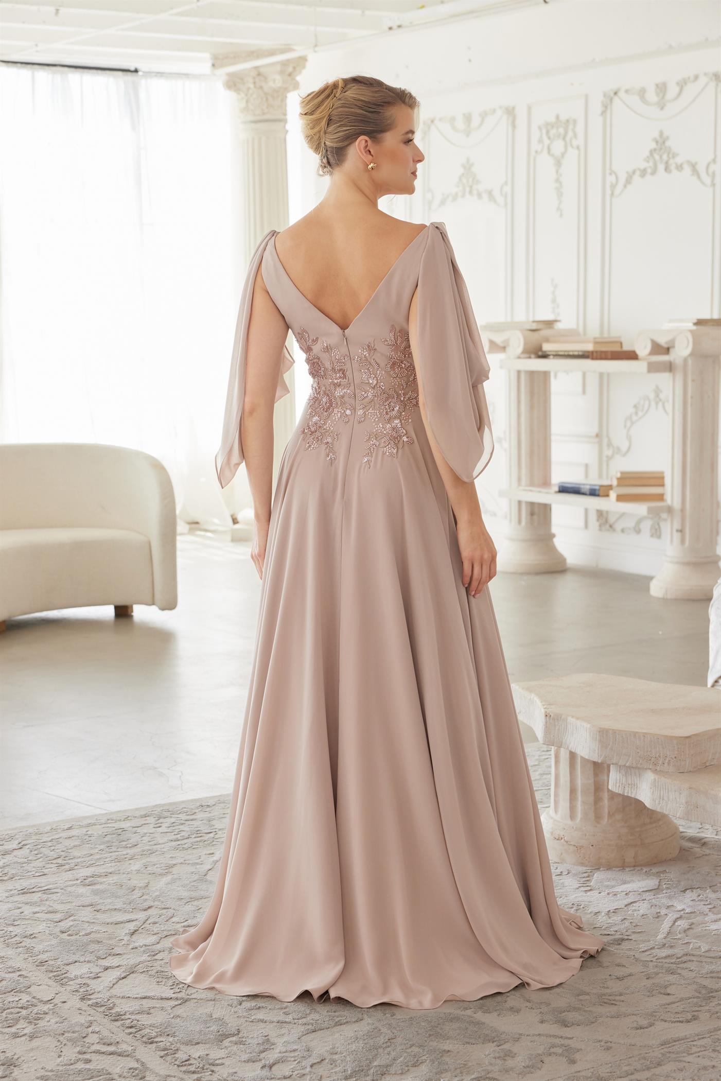V Neckline Long Sleeves Chiffon Asymmetrical Dress